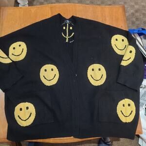 Lala Nordstrom L/XL Smiley Face Oversized Open Front Black Cardigan